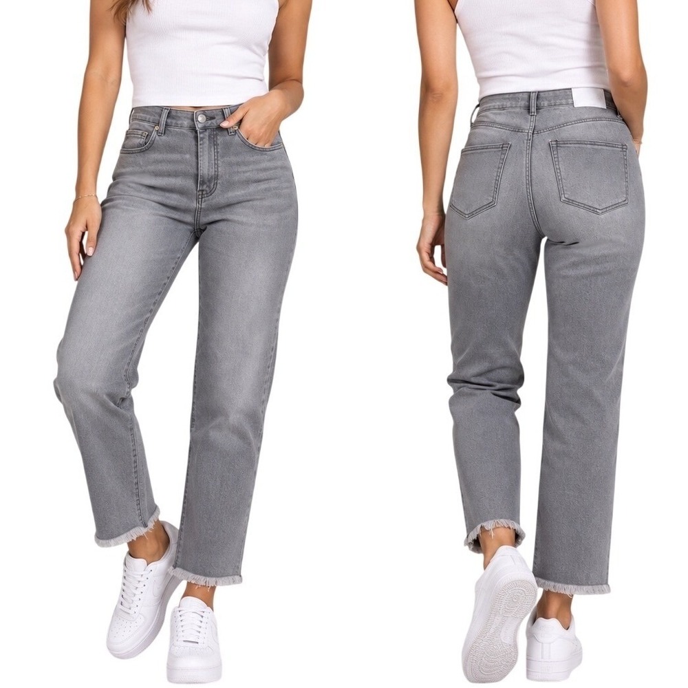 One 5 One Womens Grey High Rise Straight Leg Frayed Hem Jeans Size 14W NWT
